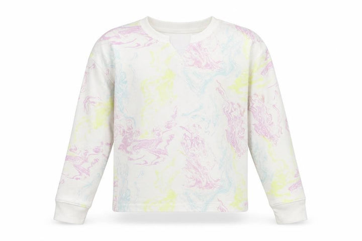 Front view of Gap girls’ white geometric cotton pullover sweatshirt, size 10-11, years pullover