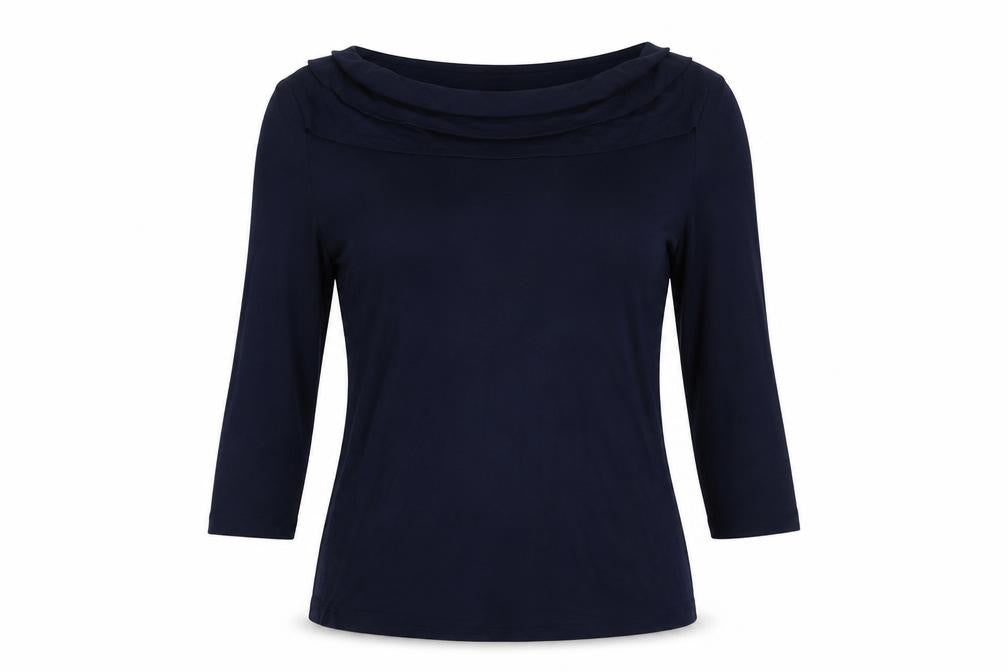 Front view of David Lawrence women’s blue polyester basic blouse, size S, scoop neck