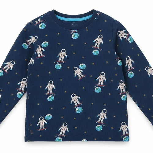 Marks and Spencer Boys Blue  Cotton Basic T-Shirt Size 4-5 Years Round Neck  - Spaceman