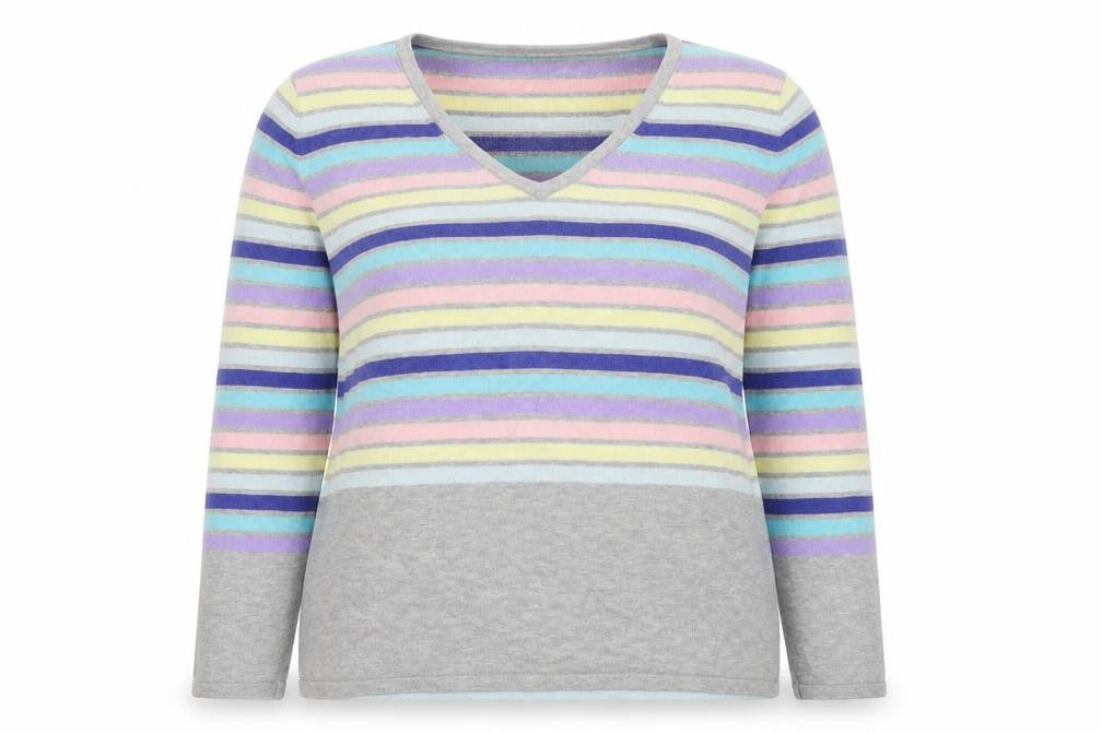 Front view of Together women’s multicoloured v-neck striped viscose jumper, size UK 18