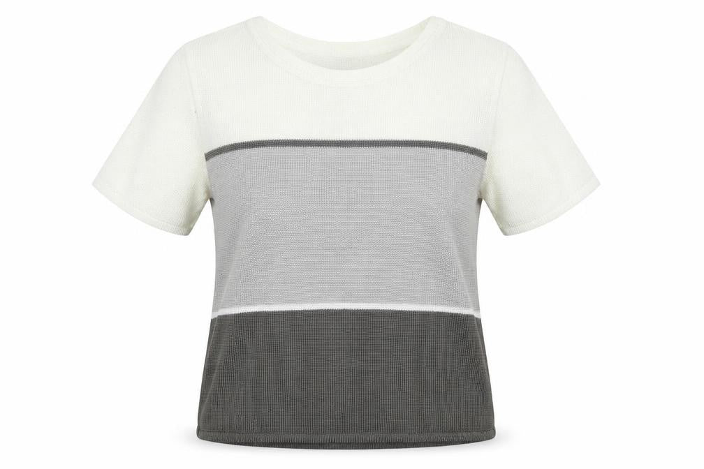 Front view of Preworn women’s grey viscose basic t-shirt, size S, boat neck