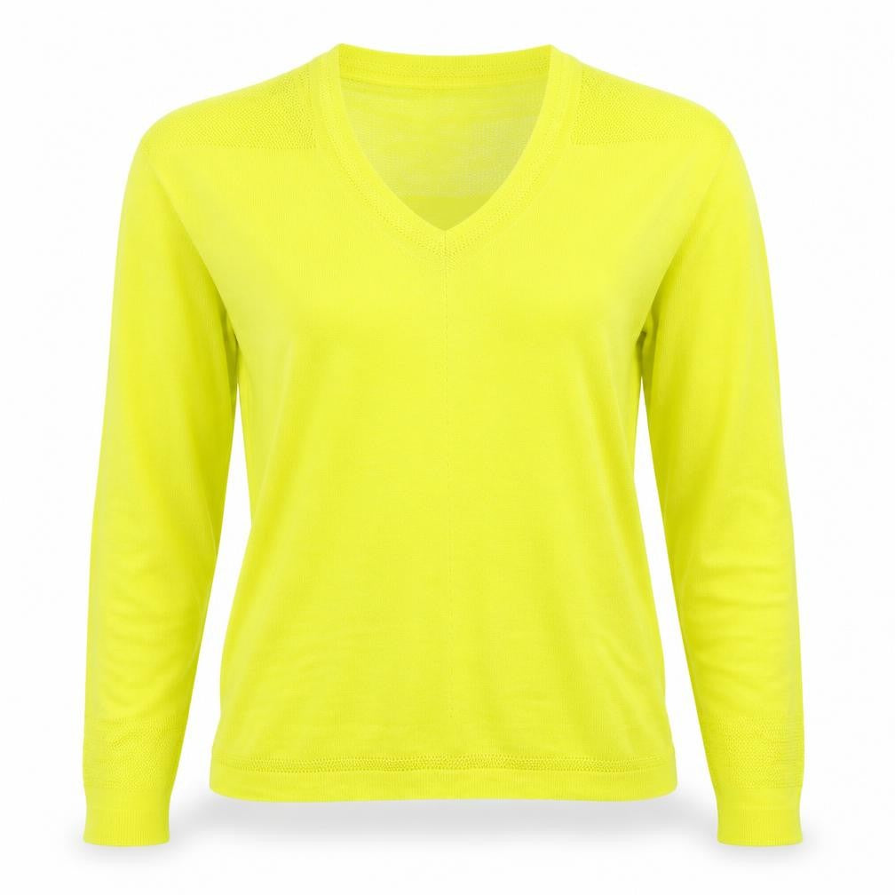 Front view of Next women’s yellow v-neck viscose jumper, size UK 8