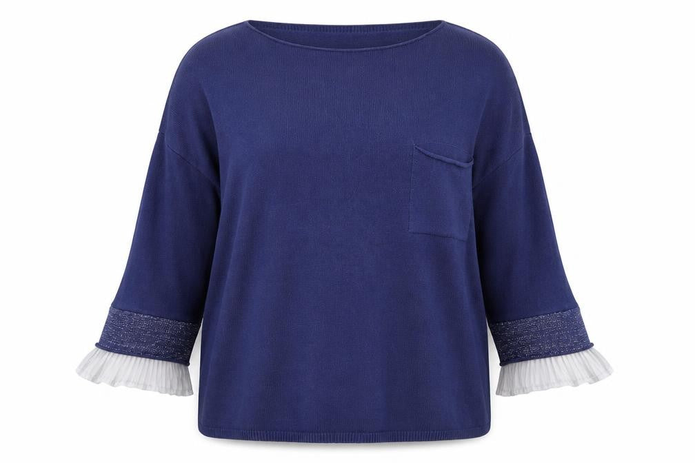 Front view of Obsession women’s blue boat neck acrylic jumper, size L