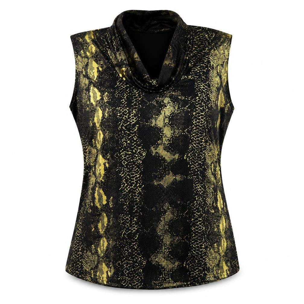 Front view of Eye Casual women’s gold animal print polyester basic blouse, size 2XL, cowl neck