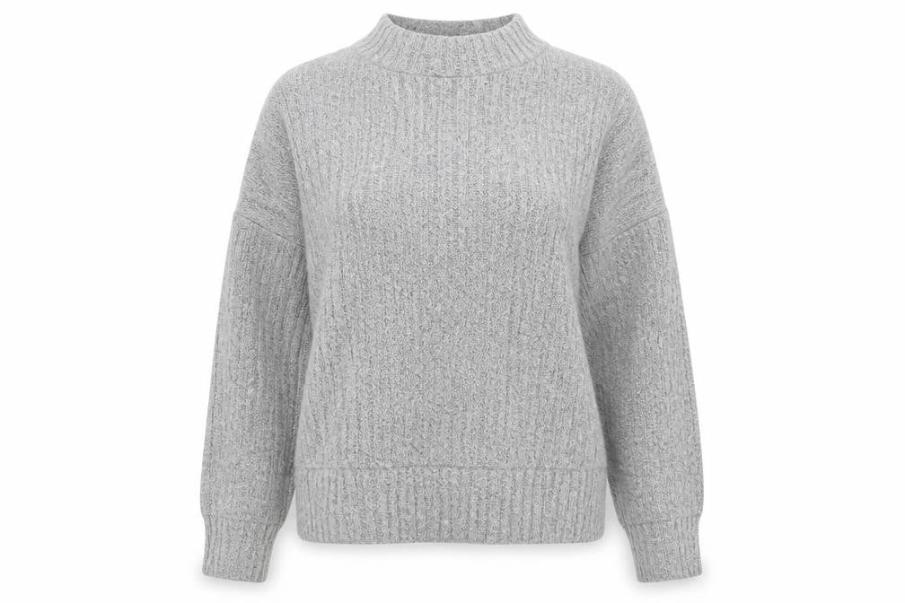 Front view of Marks & Spencer women’s grey high neck viscose jumper, size UK 8