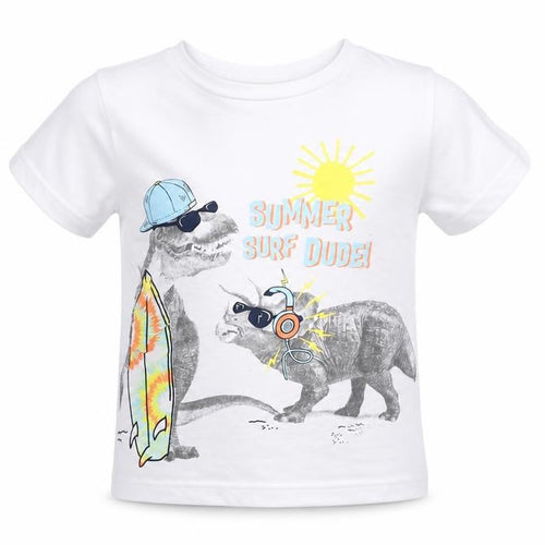 Dunnes Stores Boys White  Cotton Basic Casual Size 2-3 Years Round Neck  - Dinosaur, SUMMER SURF DUDE!