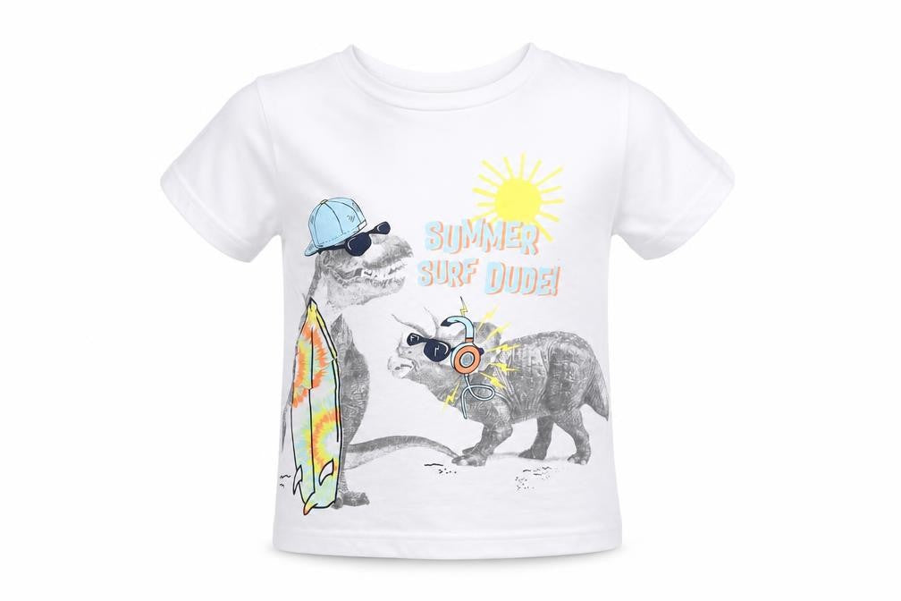 Dunnes Stores Boys White  Cotton Basic Casual Size 2-3 Years Round Neck  - Dinosaur, SUMMER SURF DUDE!