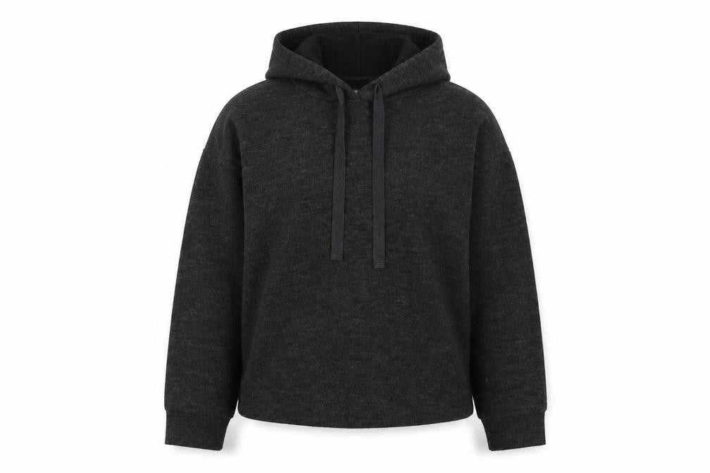 Front view of Mango women’s grey polyester pullover hoodie, size M, pullover