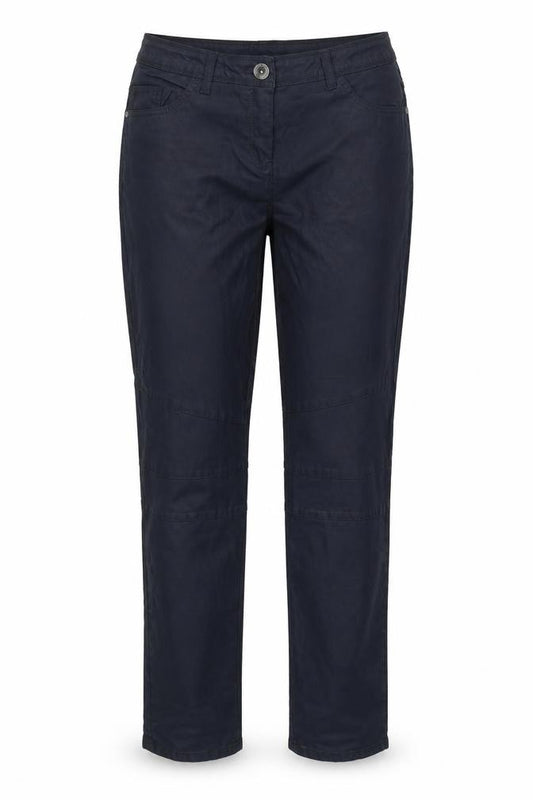 Front view of Up Fashion women’s blue cotton trousers, size UK 16, 31.5-inch leg regular button