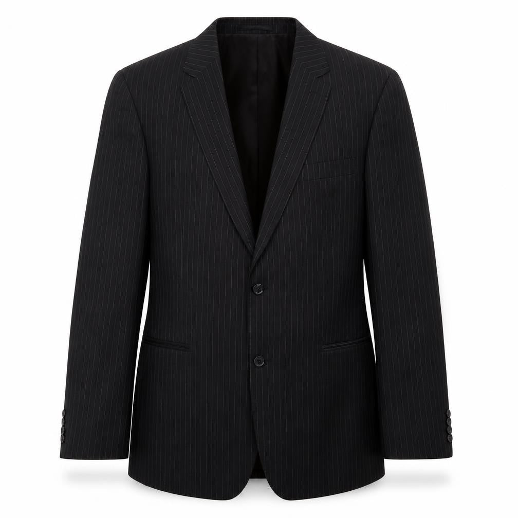 Front view of Preworn men’s black striped polyester jacket suit jacket, size 44