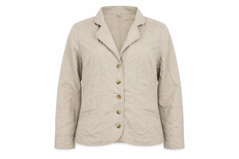 Front view of EWM women’s beige trench coat coat, size UK 14, button