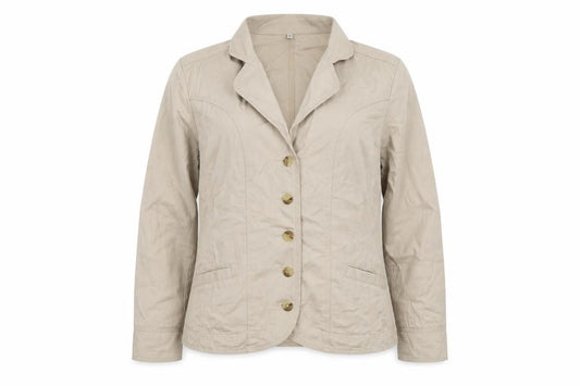 Front view of EWM women’s beige trench coat coat, size UK 14, button