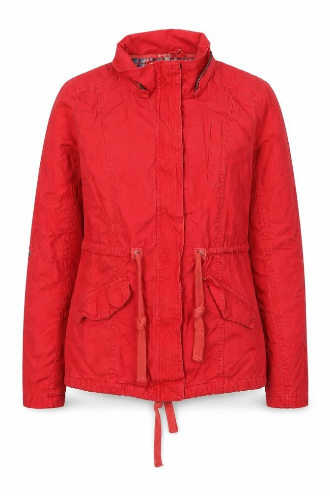 Front view of Denim & Co. women’s red jacket coat, size UK 10, zip