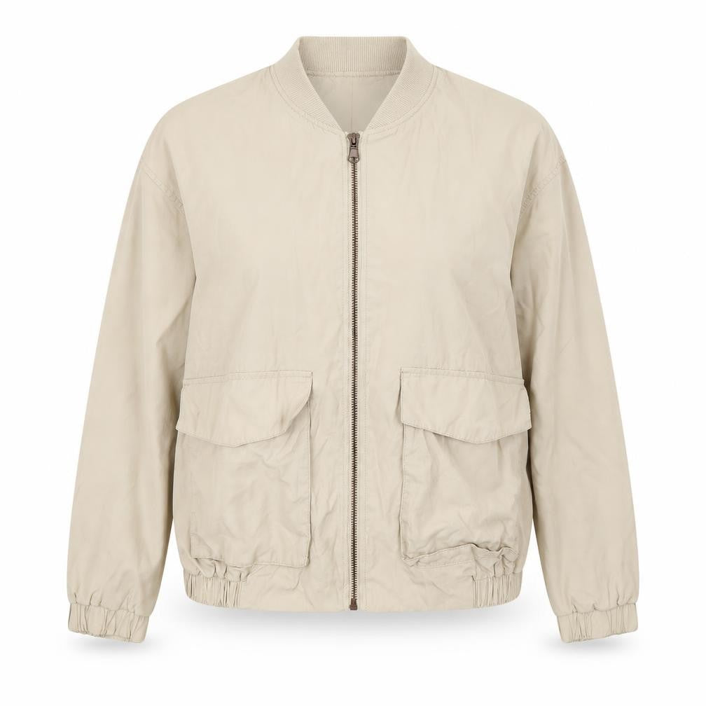 Front view of H&M women’s beige jacket, size UK 12, zip - eagle
