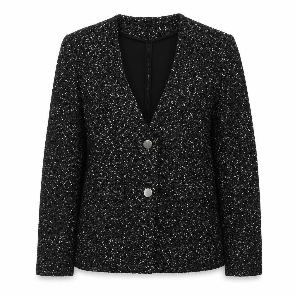 Front view of RESEVERED women’s black spotted viscose jacket blazer, size S