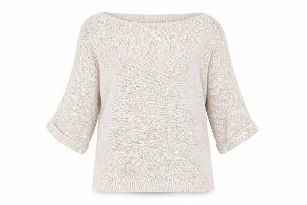 Front view of H&M women’s beige boat neck acrylic jumper, size XS