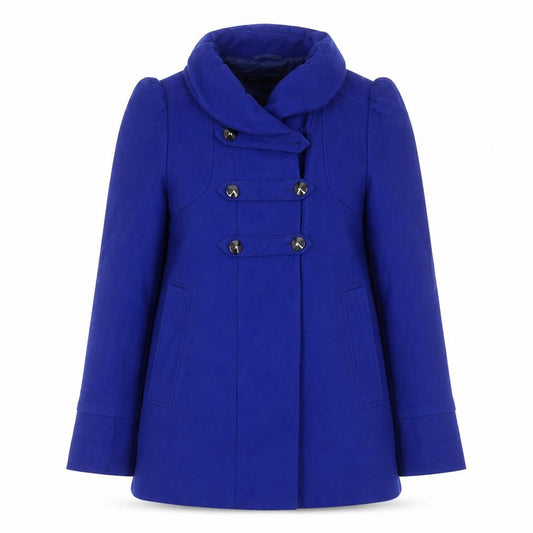Front view of French Connection women’s blue jacket coat, size UK 6, button