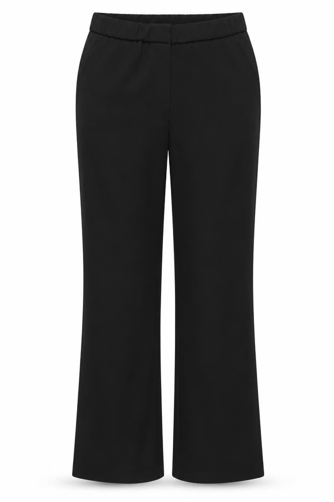 Front view of WOW women’s black polyester trousers, size UK 12, 31-inch leg regular hook & eye