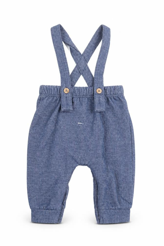 Front view of George boys’ blue polyester capri trousers, size 0-3, months button - cross back