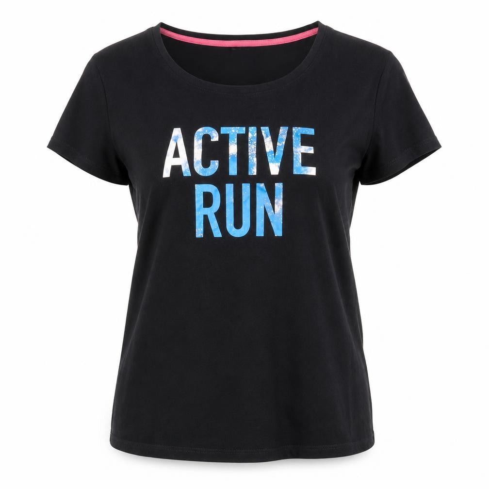 Front view of Crivit women’s black cotton basic t-shirt, size M, crew neck pullover