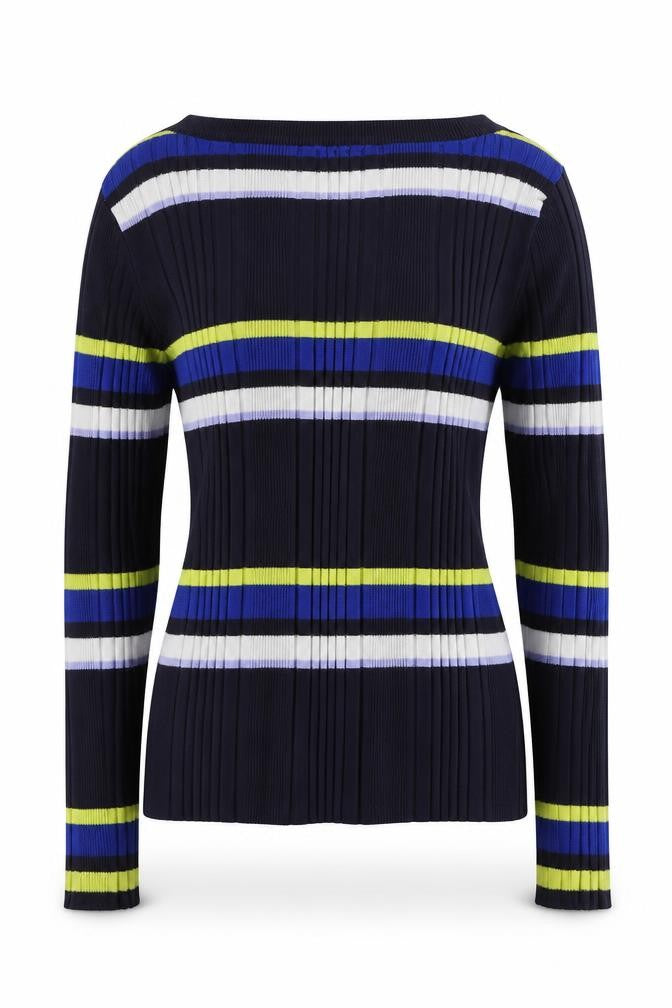 Front view of Marks & Spencer women’s multicoloured crew neck striped viscose jumper, size UK 12