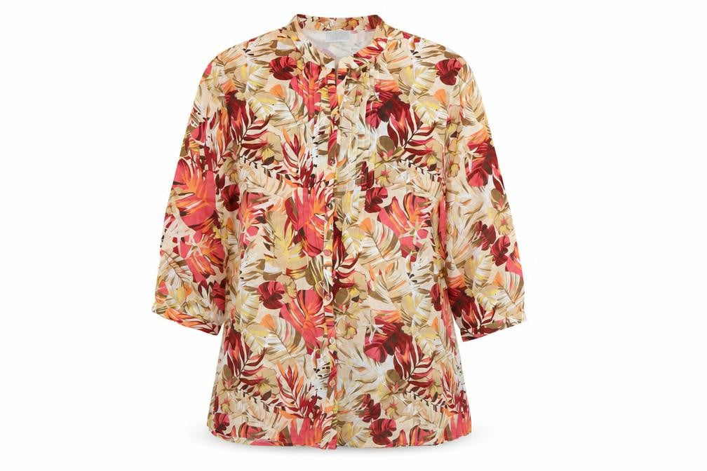 Front view of cotswold collection women’s beige floral viscose basic blouse, size UK 12, crew neck