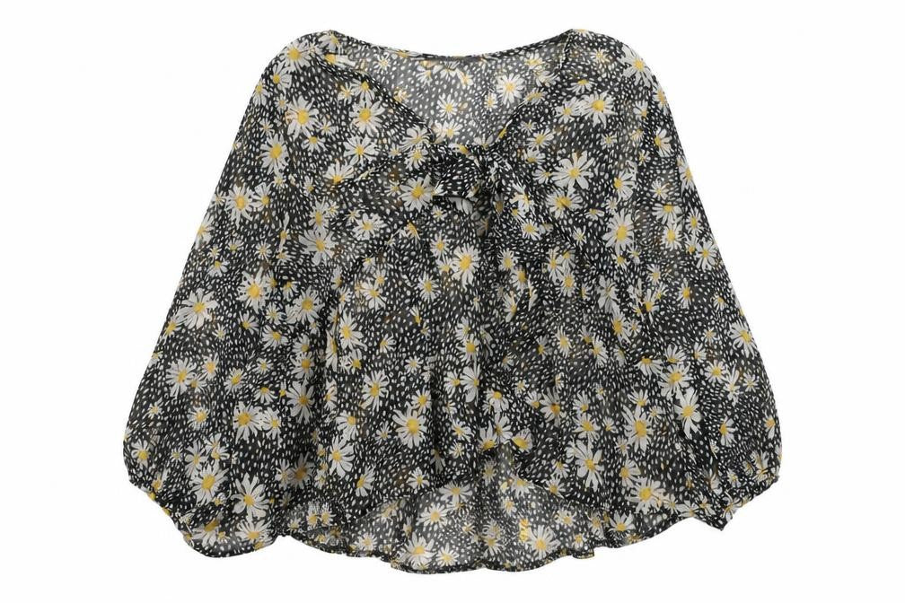 Front view of Primark women’s black floral polyester basic blouse, size UK 10, v-neck