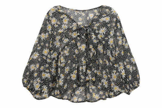 Front view of Primark women’s black floral polyester basic blouse, size UK 10, v-neck
