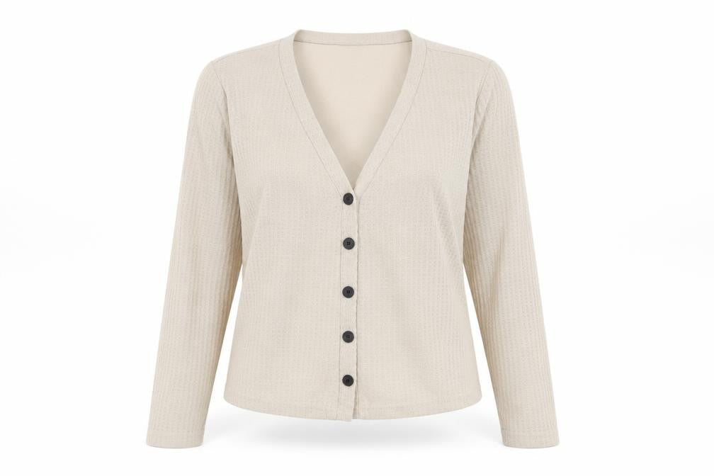 Front view of SHEIN women’s beige v-neck polyester cardigan jumper, size UK 12