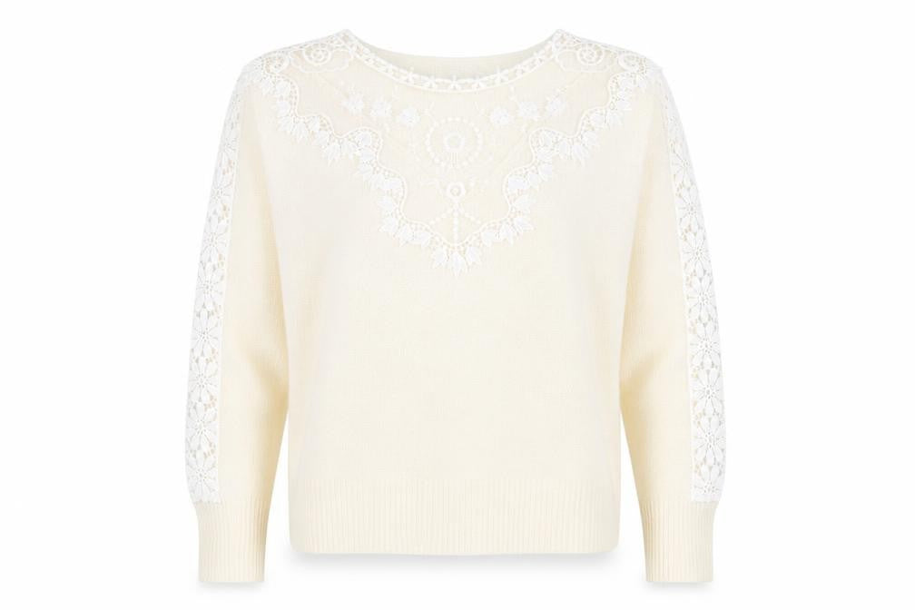 Front view of SHEIN women’s ivory round neck polyester jumper, size UK 10