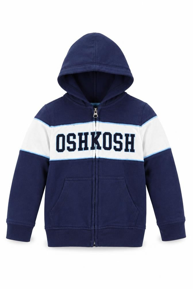 Front view of Oshkosh boys’ blue cotton pullover hoodie, size 5, years