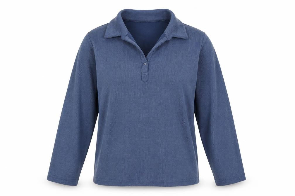 Front view of Editions women’s blue polyester pullover sweatshirt, size L, button
