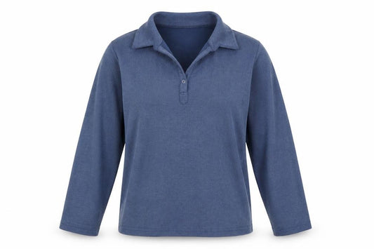 Front view of Editions women’s blue polyester pullover sweatshirt, size L, button