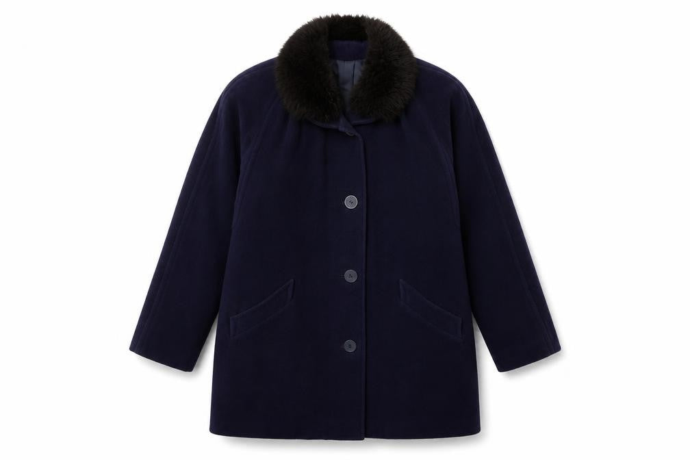 Front view of Klass women’s blue pea coat coat, size UK 12, button
