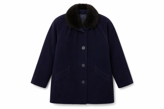 Front view of Klass women’s blue pea coat coat, size UK 12, button