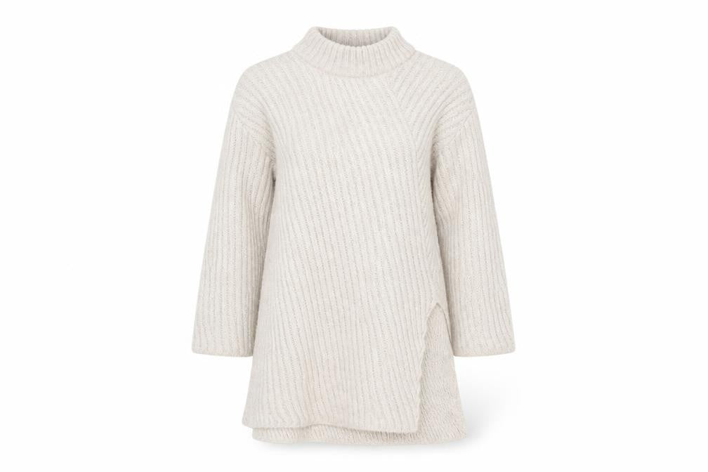 Front view of Atmosphere women’s beige mock neck acrylic tunic jumper, size M