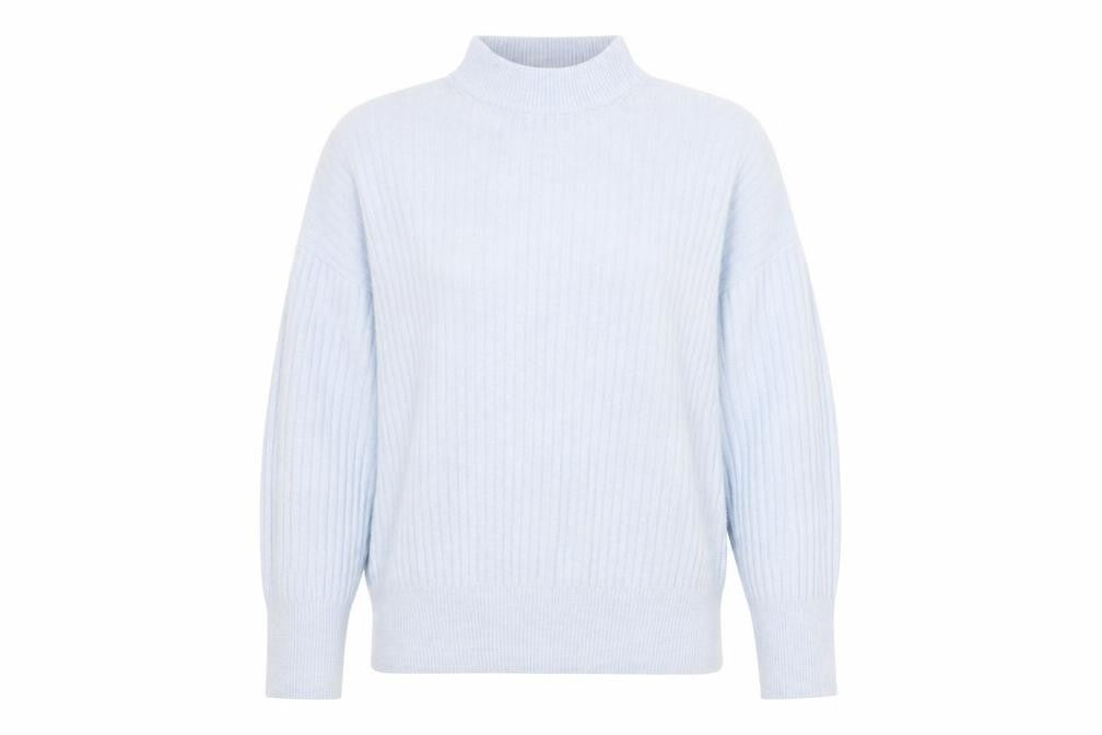 Front view of H&M women’s blue mock neck polyester jumper, size XS