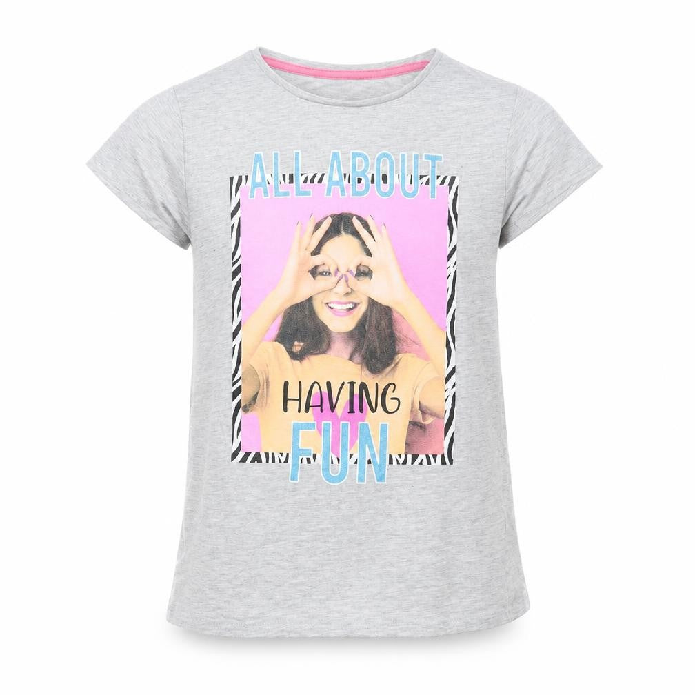 Front view of Pep&Co girls’ grey cotton pullover t-shirt, size 11-12, years crew neck pullover - having fun