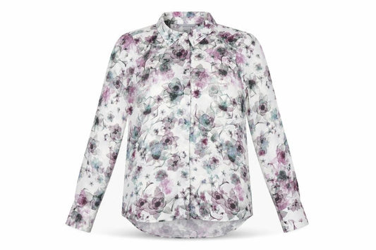 Front view of H&M women’s multicoloured floral polyester basic button-up, size UK 8, v-neck