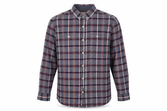 Front view of George men’s multicoloured plaid cotton button-up, size L, collared button