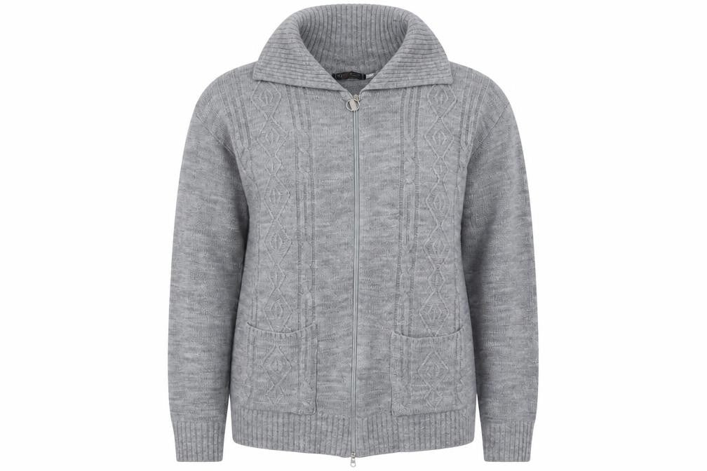 Front view of Choice Collection women’s grey collared acrylic full zip jumper, size L
