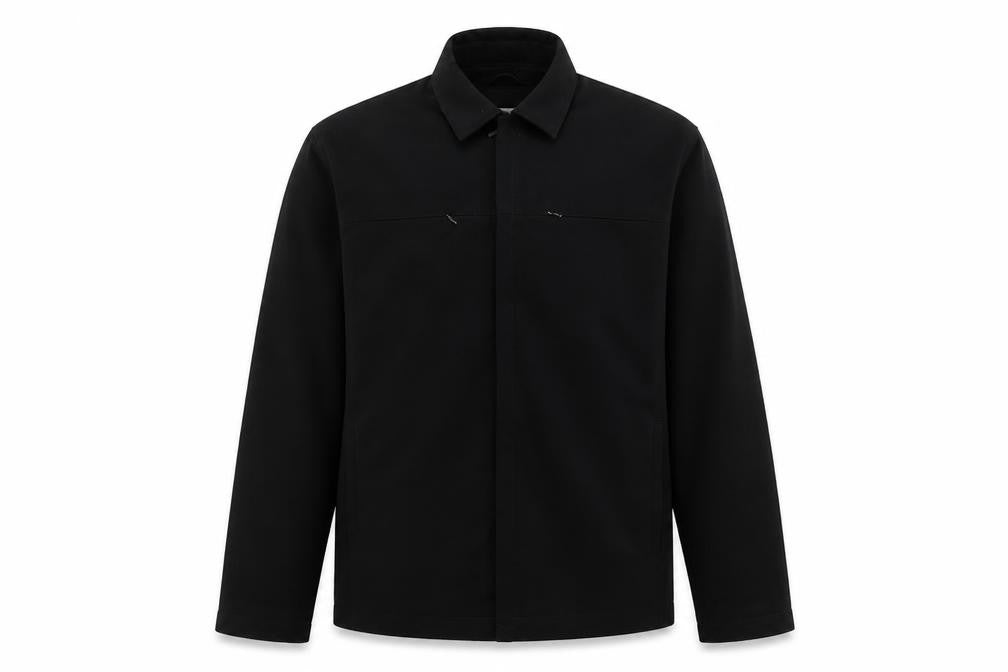 Front view of Jonathon Adams men’s black overcoat coat, size M, zip