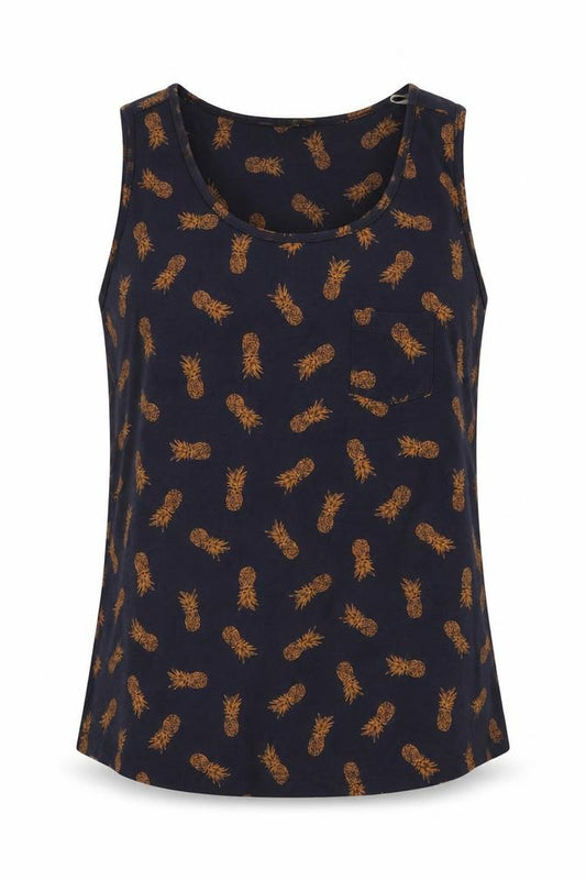Front view of Debenhams women’s blue geometric 100% cotton basic tank, size UK 12, scoop neck