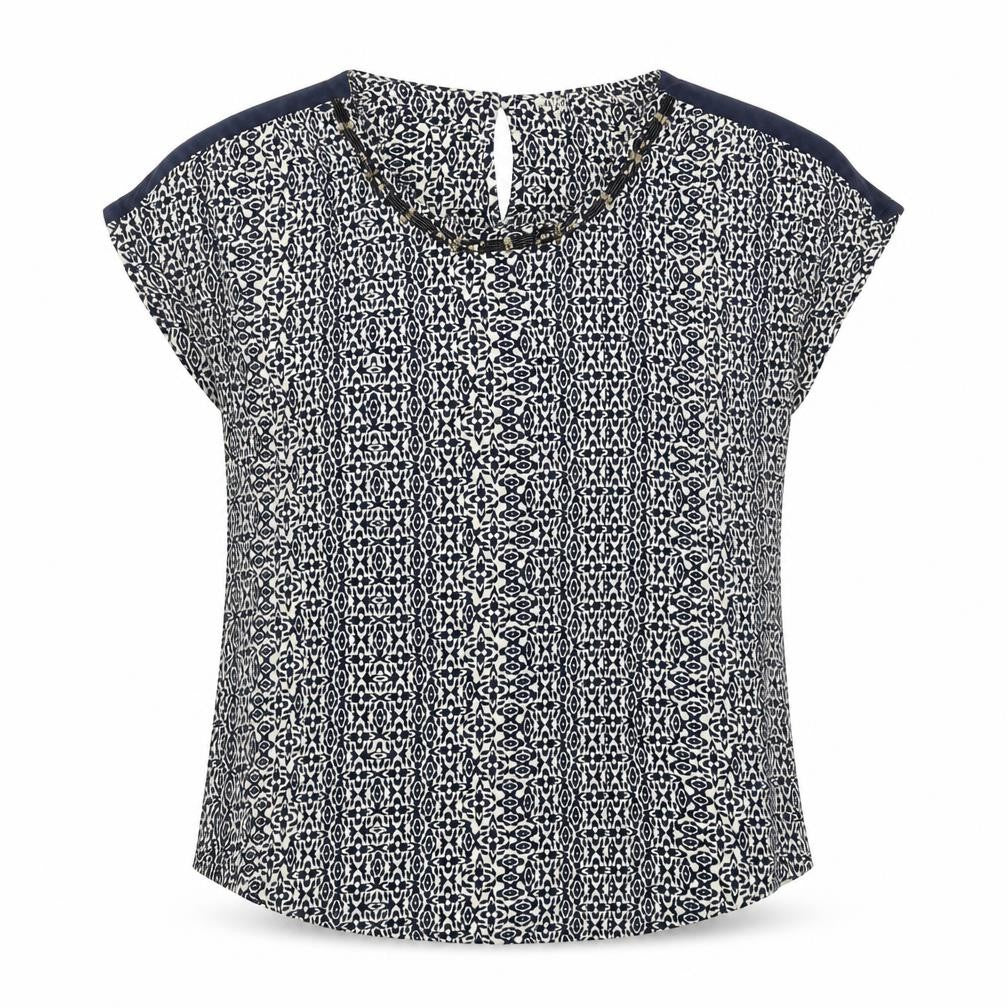 Front view of Monsoon women’s blue geometric viscose basic blouse, size UK 14, scoop neck