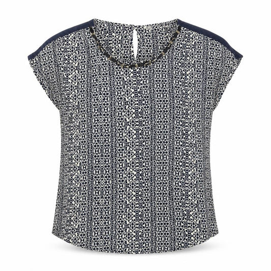 Front view of Monsoon women’s blue geometric viscose basic blouse, size UK 14, scoop neck