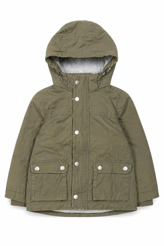 Front view of H&M boys’ green jacket, size 2, years zip