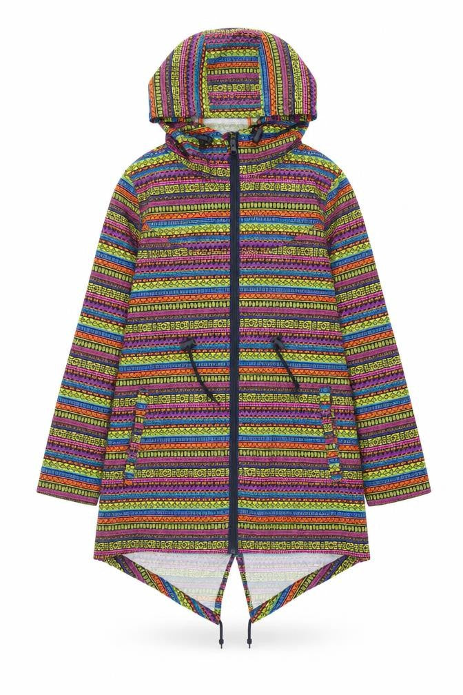 Front view of Denim & Co. women’s multicoloured geometric jacket, size XS, zip