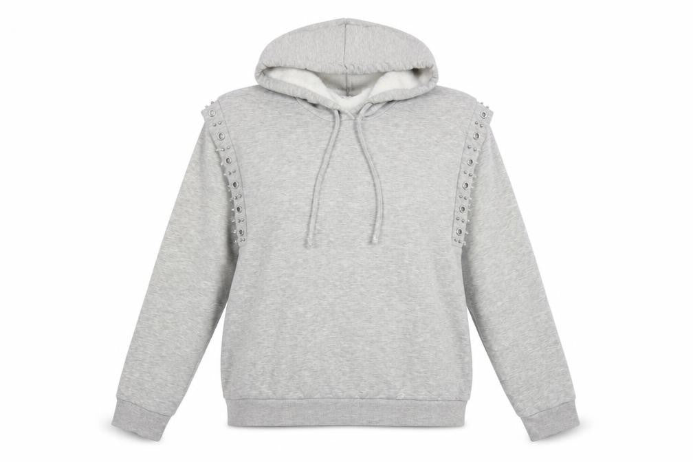 Front view of Papaya women’s grey polyester pullover hoodie, size L, pullover