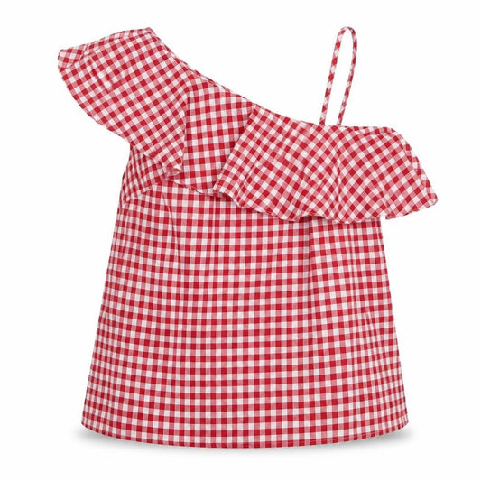 Front view of New Look women’s red check polyester basic blouse, size UK 8, one shoulder