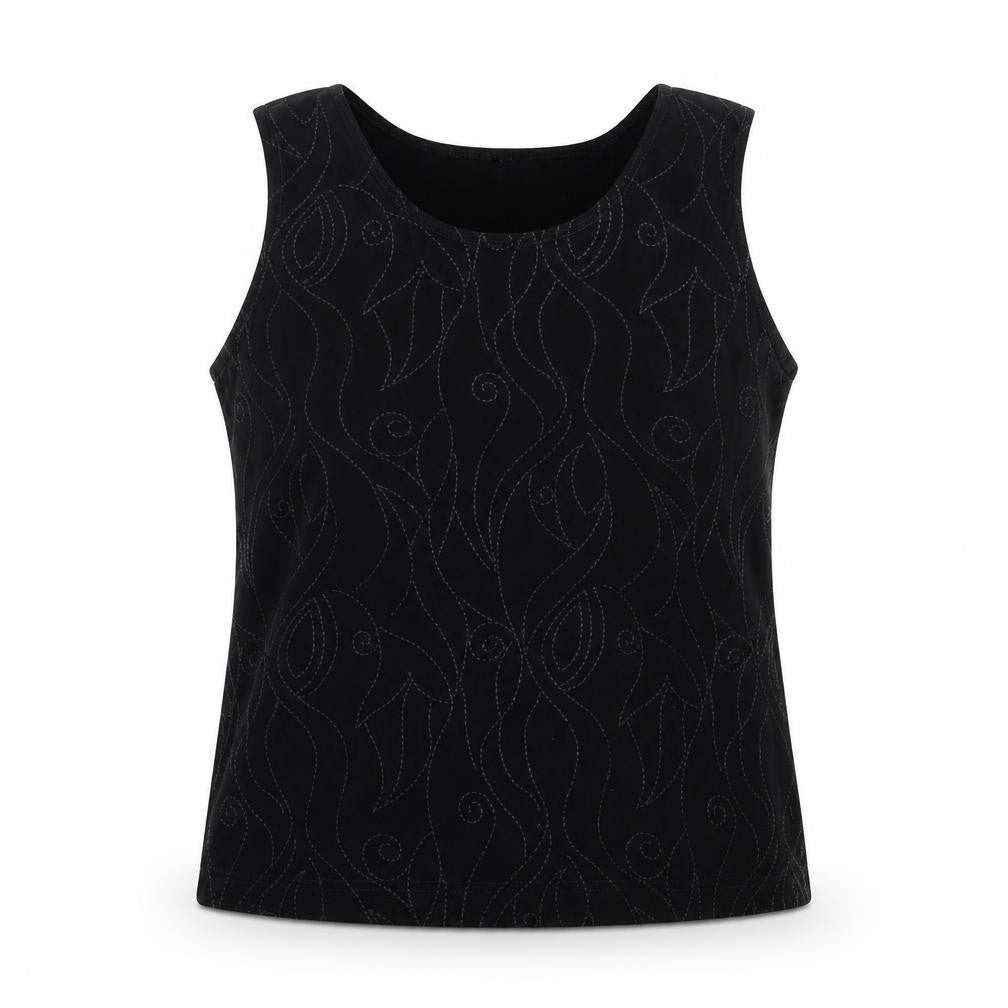 Front view of Saloos women’s black acetate basic blouse, size L, scoop neck